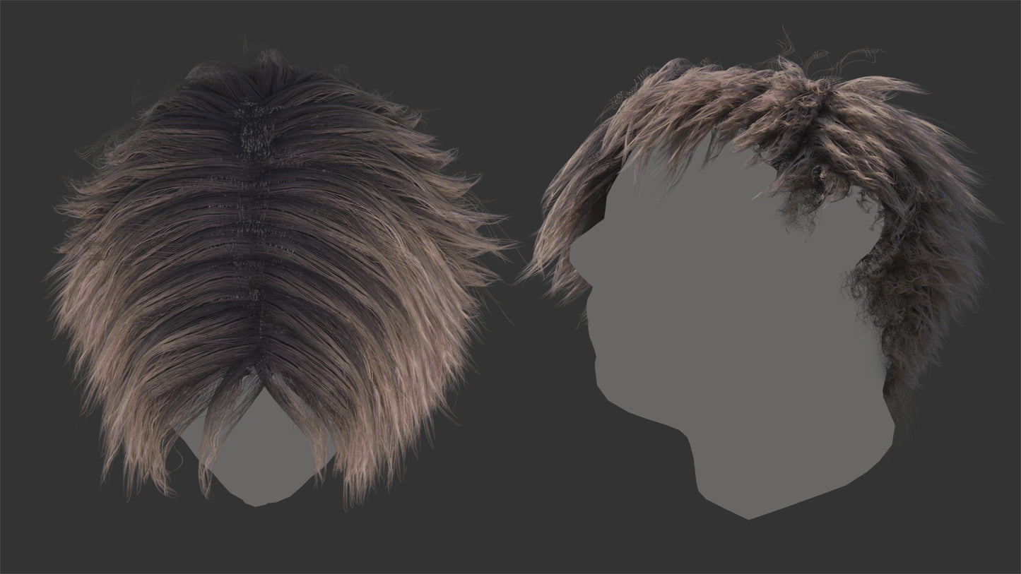 Short fan shaped J-pop idol style hair 3d model with mesh cards, lowpoly, realtime, pbr materials, and compatible with Transhuman4Blender