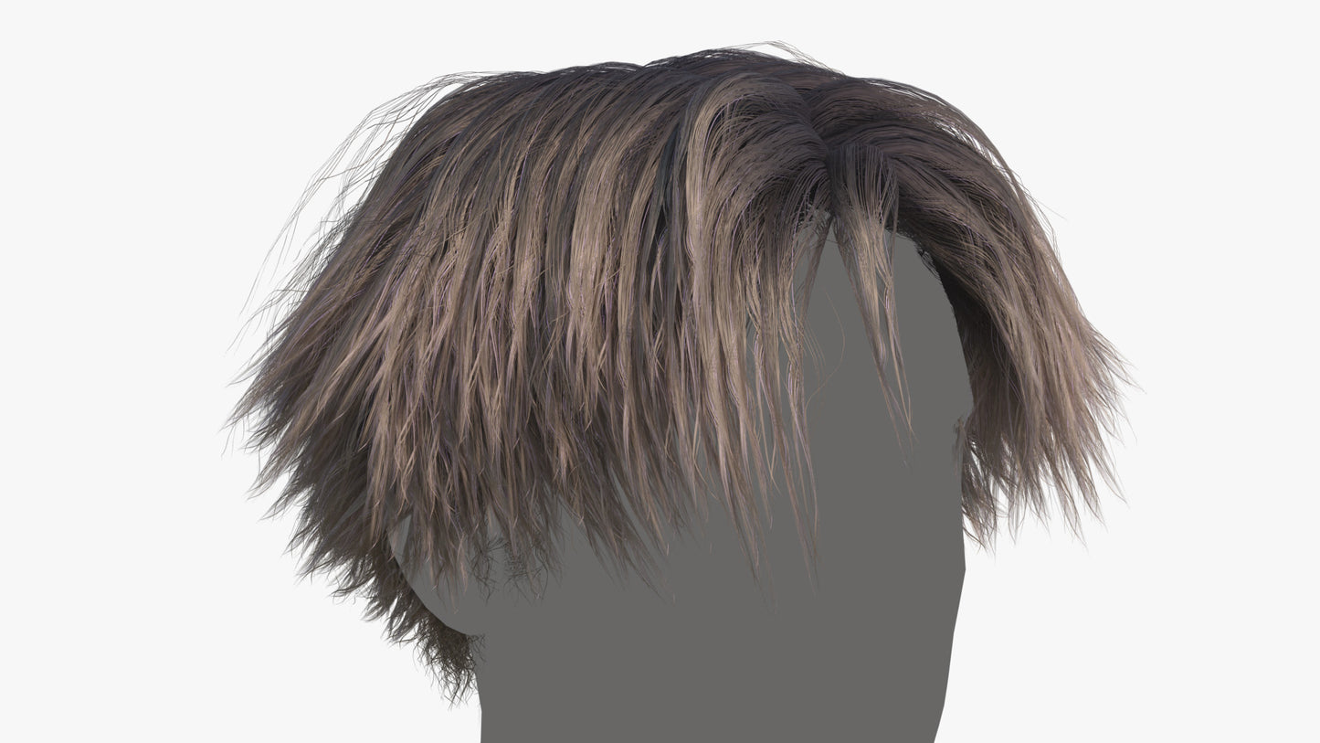 Short fan shaped J-pop idol style hair 3d model with mesh cards, lowpoly, realtime, pbr materials, and compatible with Transhuman4Blender