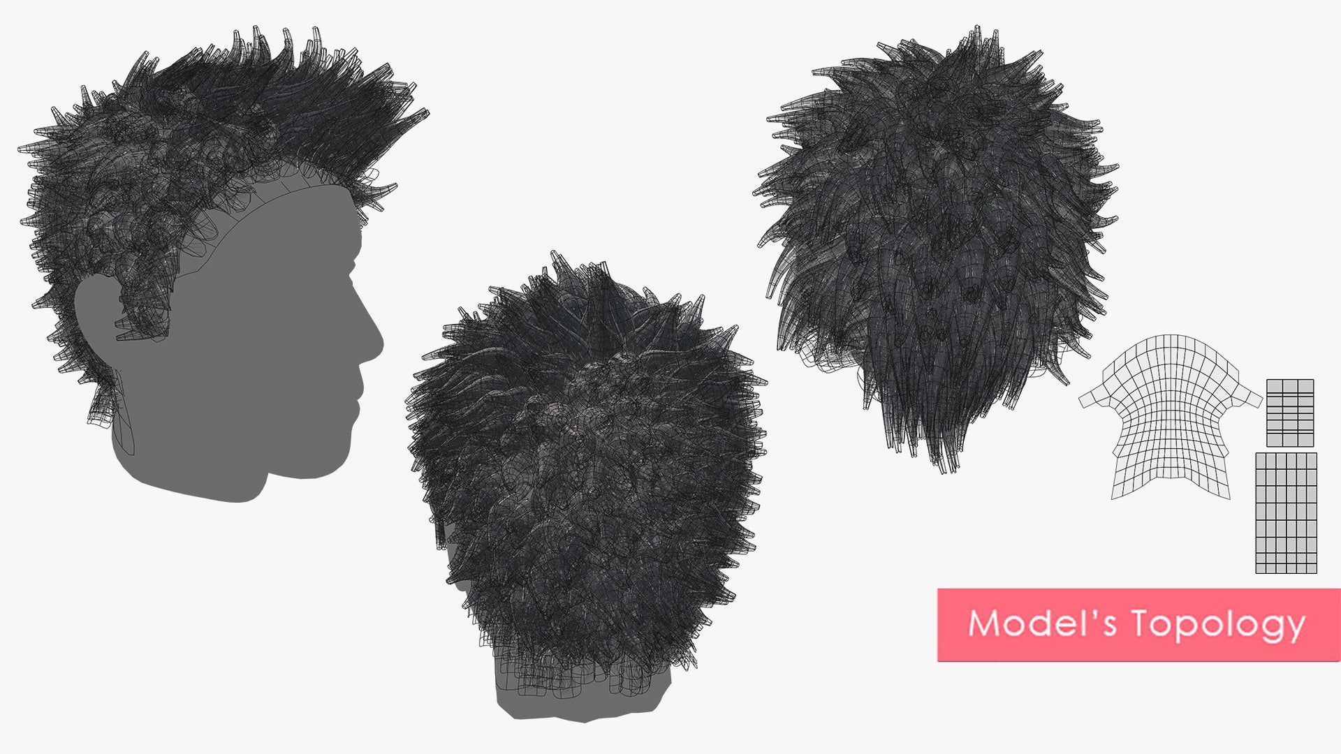 A 3d model of hair made of mesh tubes, with a cool short, spikey, messy style, it's lowpoly and realtime, and it shows how clean the geometry of the mesh tubes is, as well as the UVs