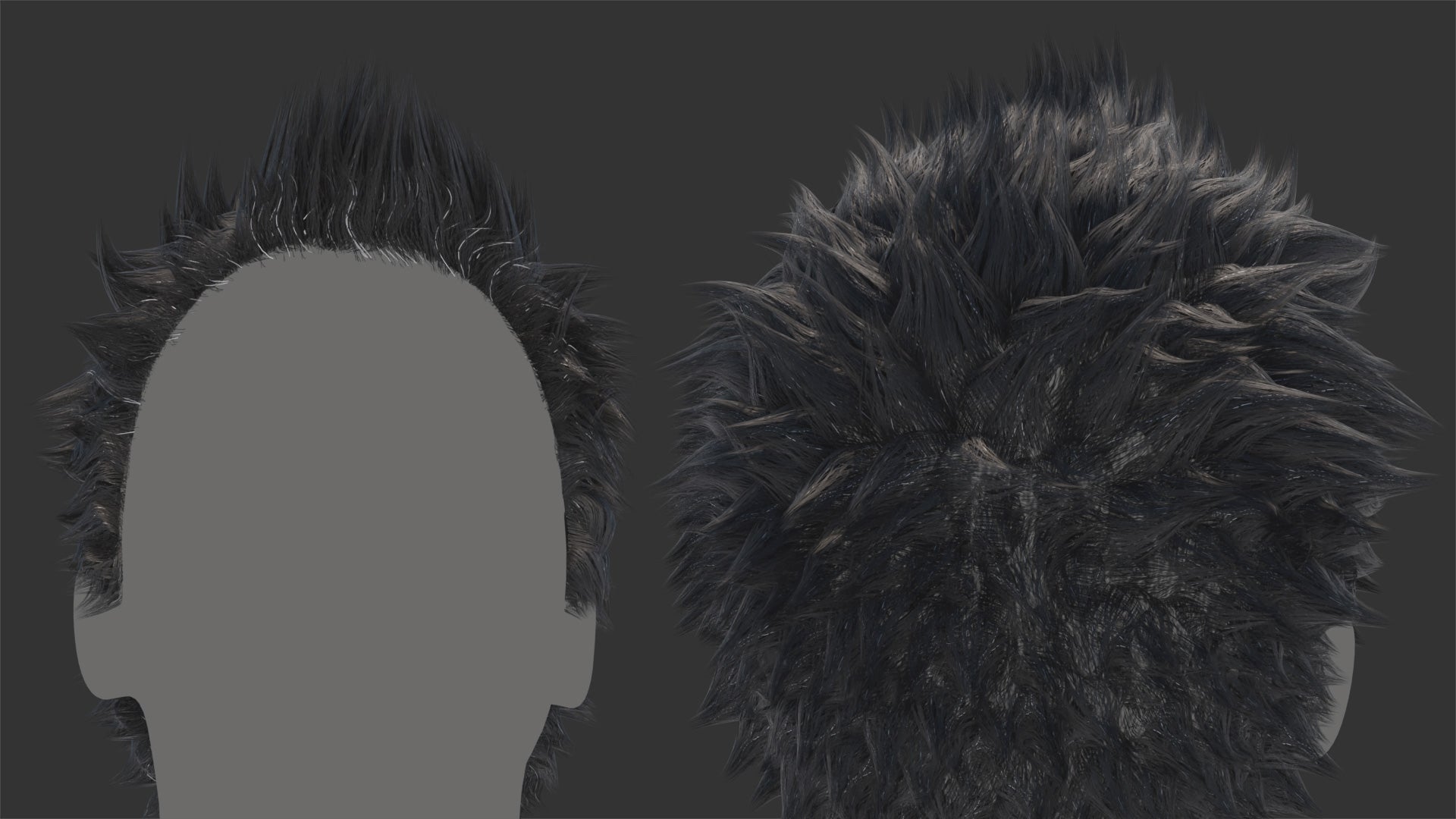 A 3d model of hair made of mesh tubes, with a cool short, spikey, messy style, this is a view of the hair with a dummy head, as seen from the front and from the back