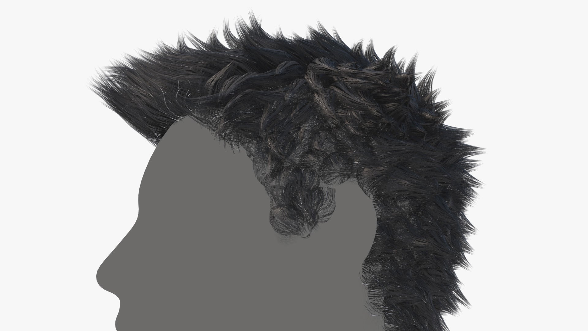 A 3d model of hair made of mesh tubes, with a cool short, spikey, messy style as seen from the side