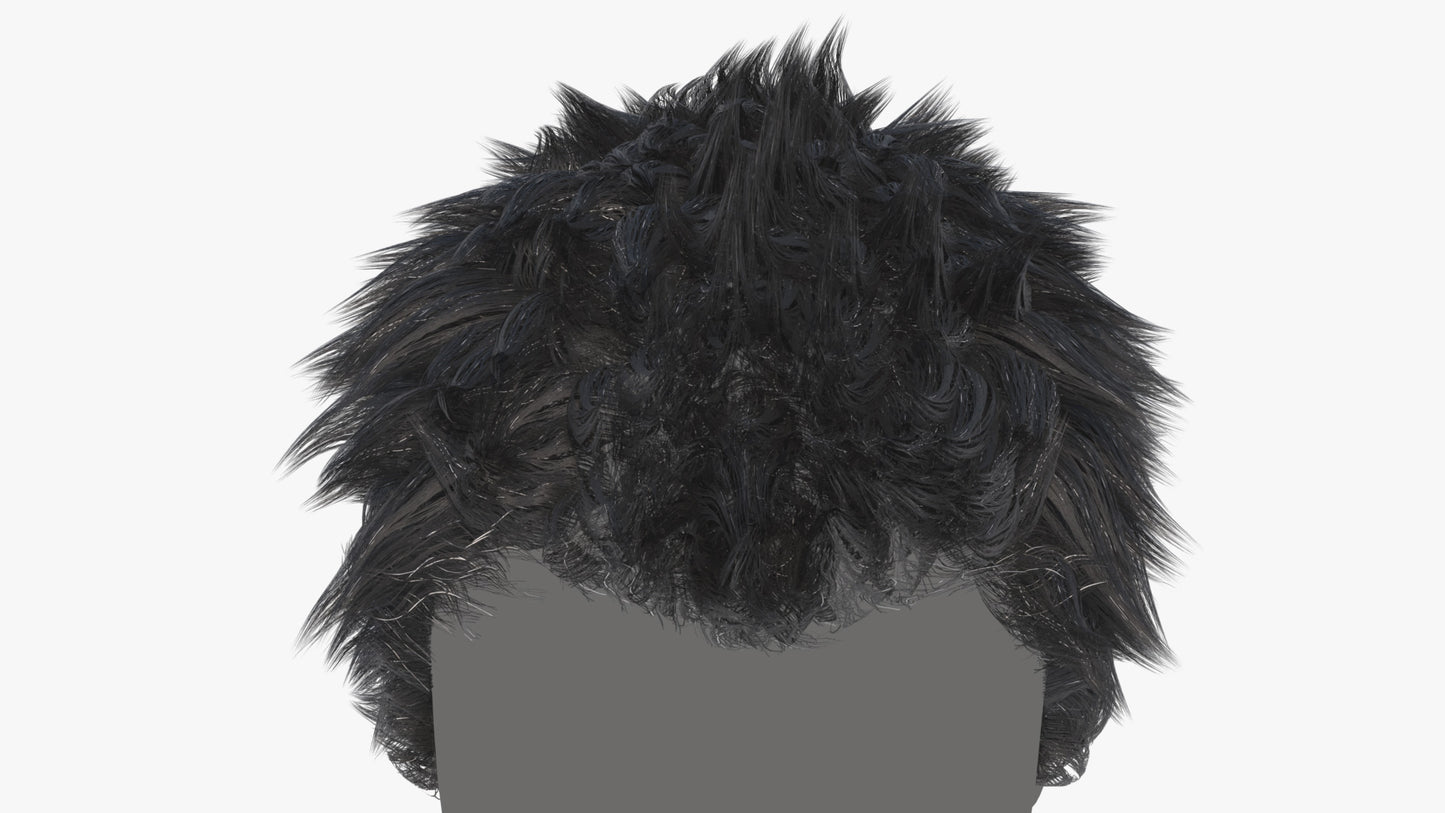 A 3d model of hair made of mesh tubes, with a cool short, spikey, messy style, it looks very realistic even from very close, looking at the top/front