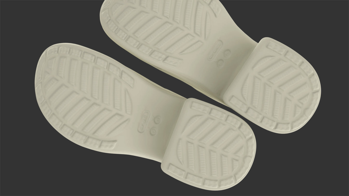 A 3d model of a pair of siren clogs crocs shoes seen from below, were the details and bumps of the sole can be appreciated