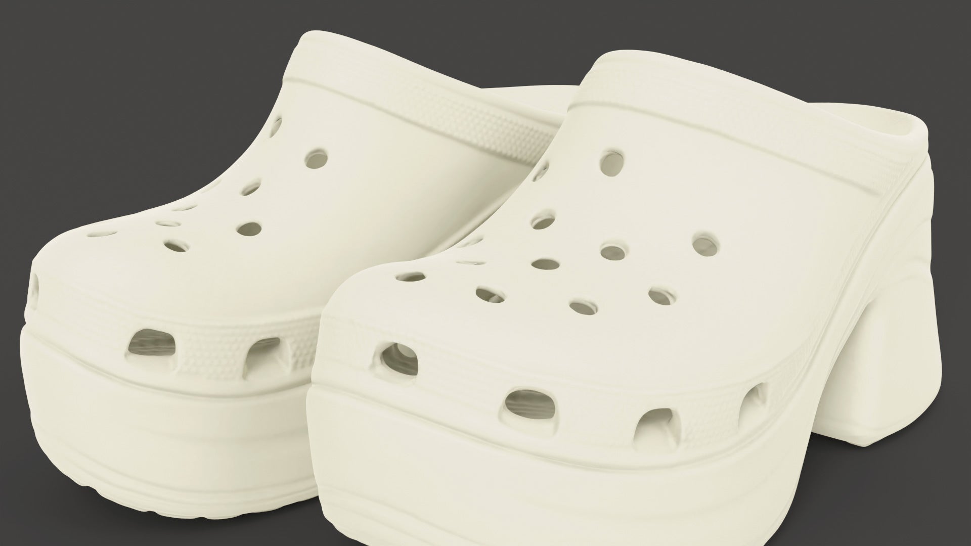 a 3d model of a pair of siren clogs crocs shoes seen as a closeup from the front