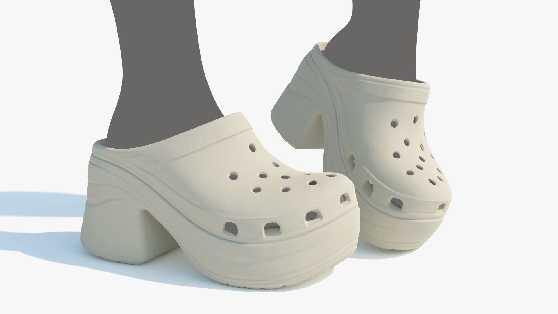 A 3d model of a pair of siren clogs crocs shoes, being worn by a pair of gray flat-colored sample legs, to depict the features of the 3d model, that comes with low polycount and PBR materials, formats are Blender, FBX and GLB