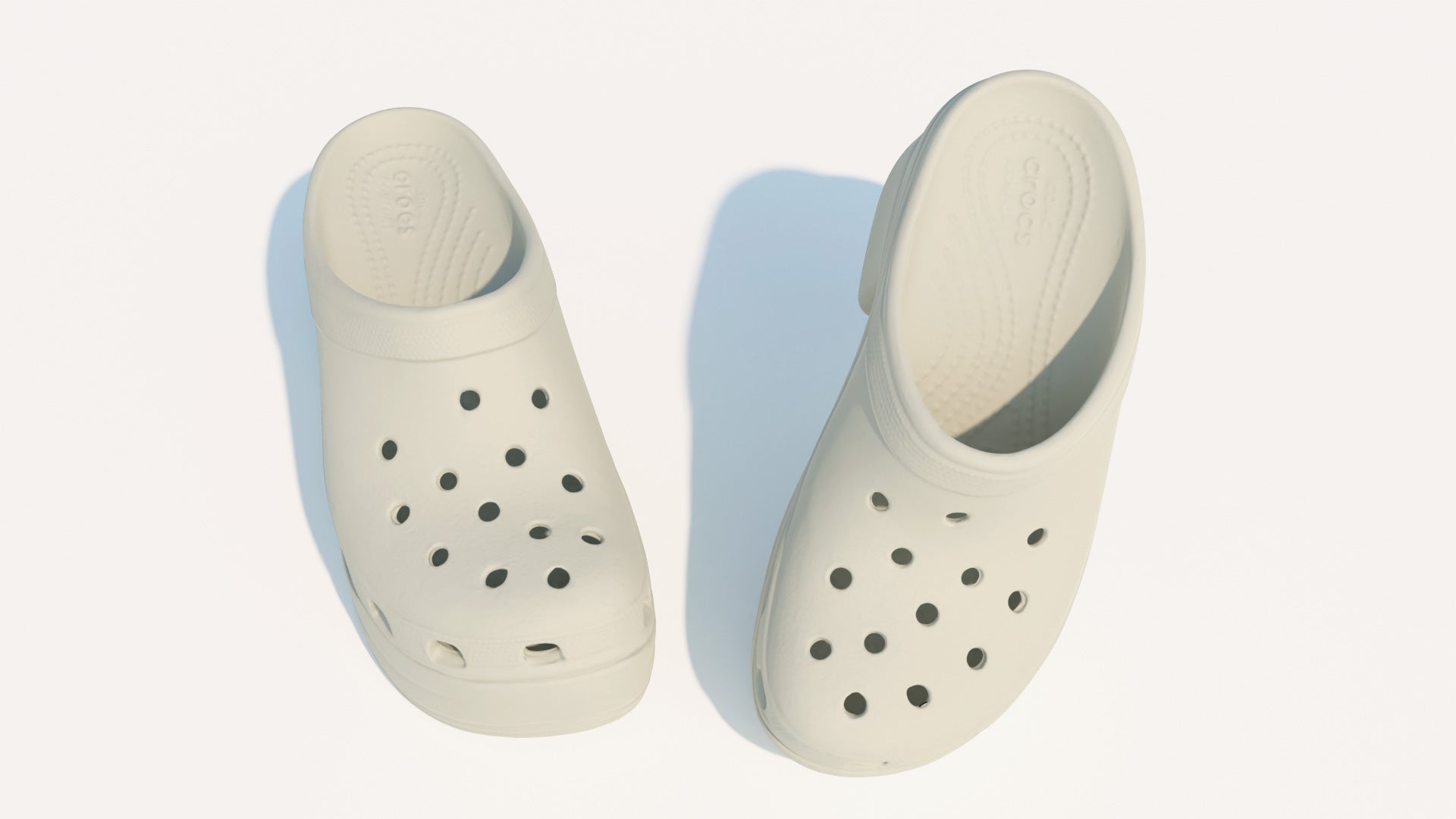 A 3d model of a pair of siren clogs crocs shoes seen from above, were the details and bumps of the sole can be appreciated