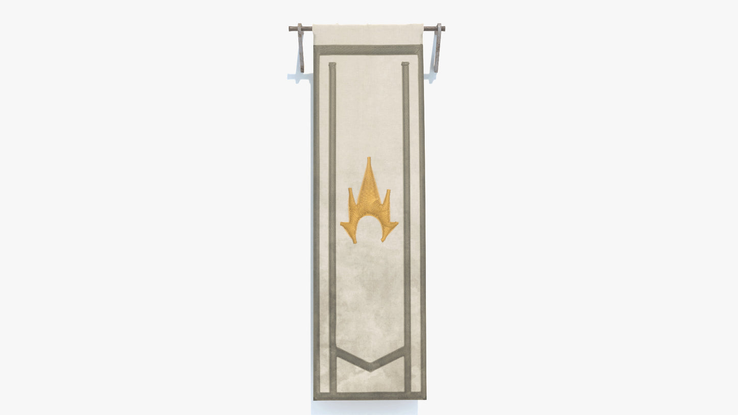 Decorative banner with a castle emblem on a white background. Game ready 3D model with low poly count and PBR materials