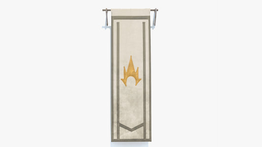 Decorative banner with a castle emblem on a white background. Game ready 3D model with low poly count and PBR materials