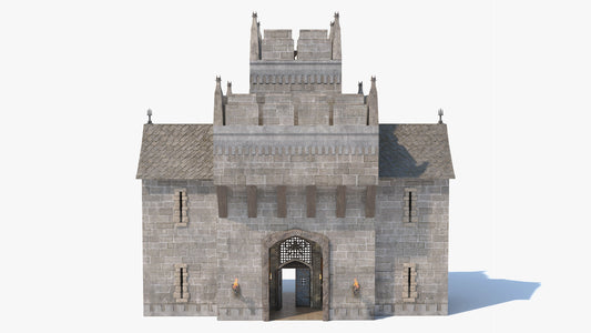 3D model of a stone castle on a white background. Game ready 3D model with low poly count and PBR materials