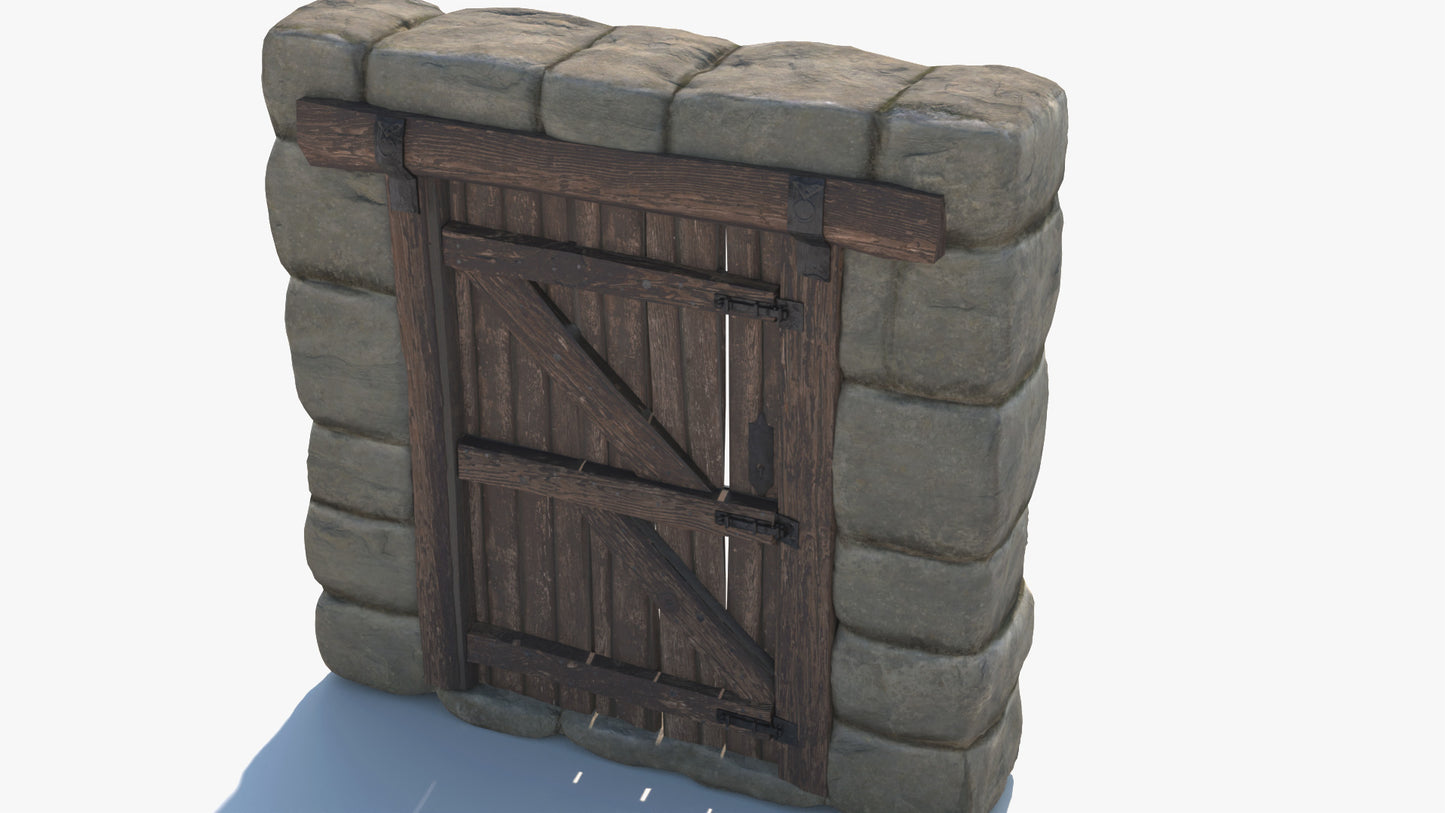 3D model of a medieval style stone arch door. The model is very realistic, has PBR textures, which makes it perfect for real-time viewers and videogames, and it has a very high level of detail. It has iron hinges, a twisted spiral handle with a lock and a key, and sliding locks at the back.