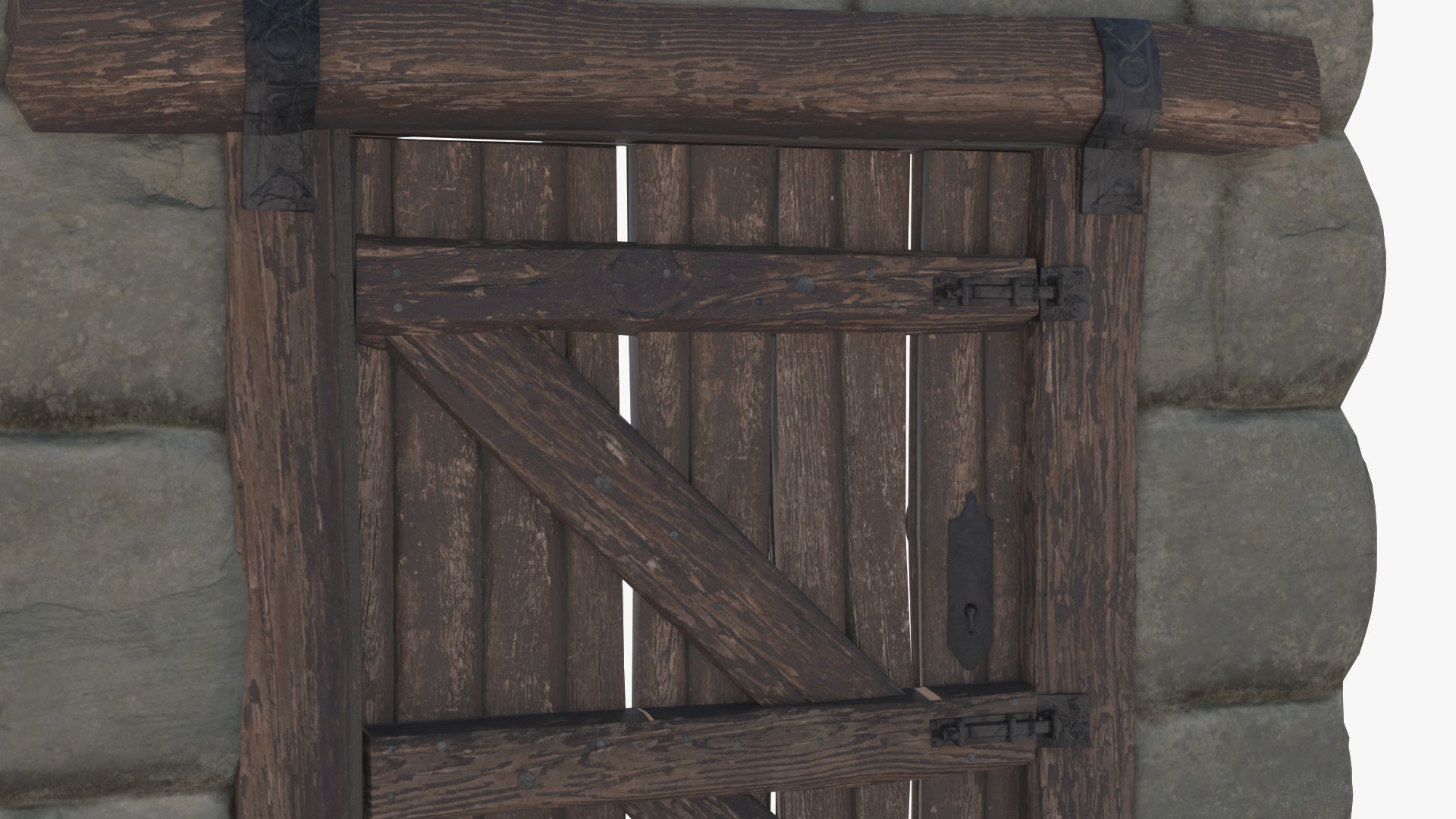 3D model of a medieval style stone arch door. The model is very realistic, has PBR textures, which makes it perfect for real-time viewers and videogames, and it has a very high level of detail. It has iron hinges, a twisted spiral handle with a lock and a key, and sliding locks at the back.