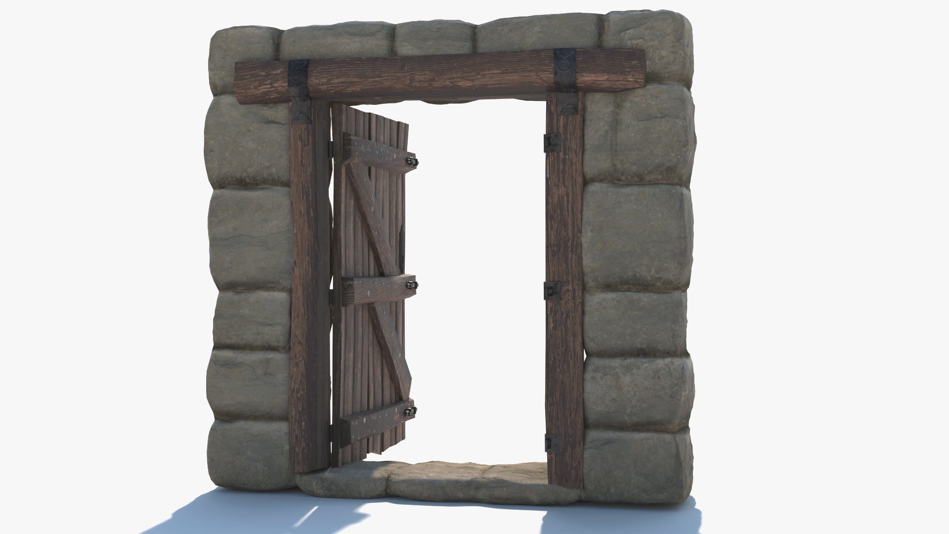 3D model of a medieval style stone arch door. The model is very realistic, has PBR textures, which makes it perfect for real-time viewers and videogames, and it has a very high level of detail. It has iron hinges, a twisted spiral handle with a lock and a key, and sliding locks at the back.