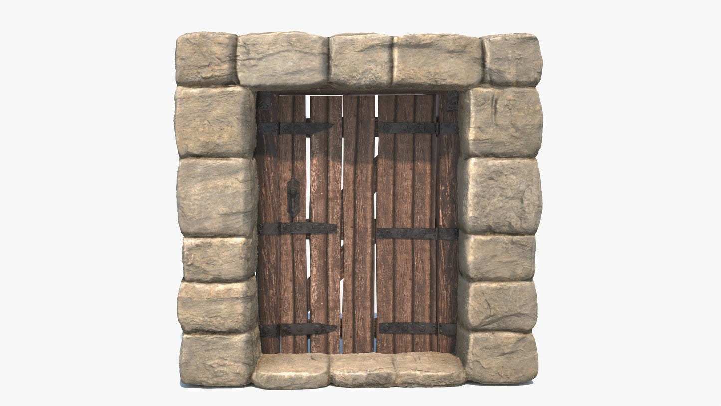 3D model of a medieval style stone arch door. The model is very realistic, has PBR textures, which makes it perfect for real-time viewers and videogames, and it has a very high level of detail. It has iron hinges, a twisted spiral handle with a lock and a key, and sliding locks at the back.