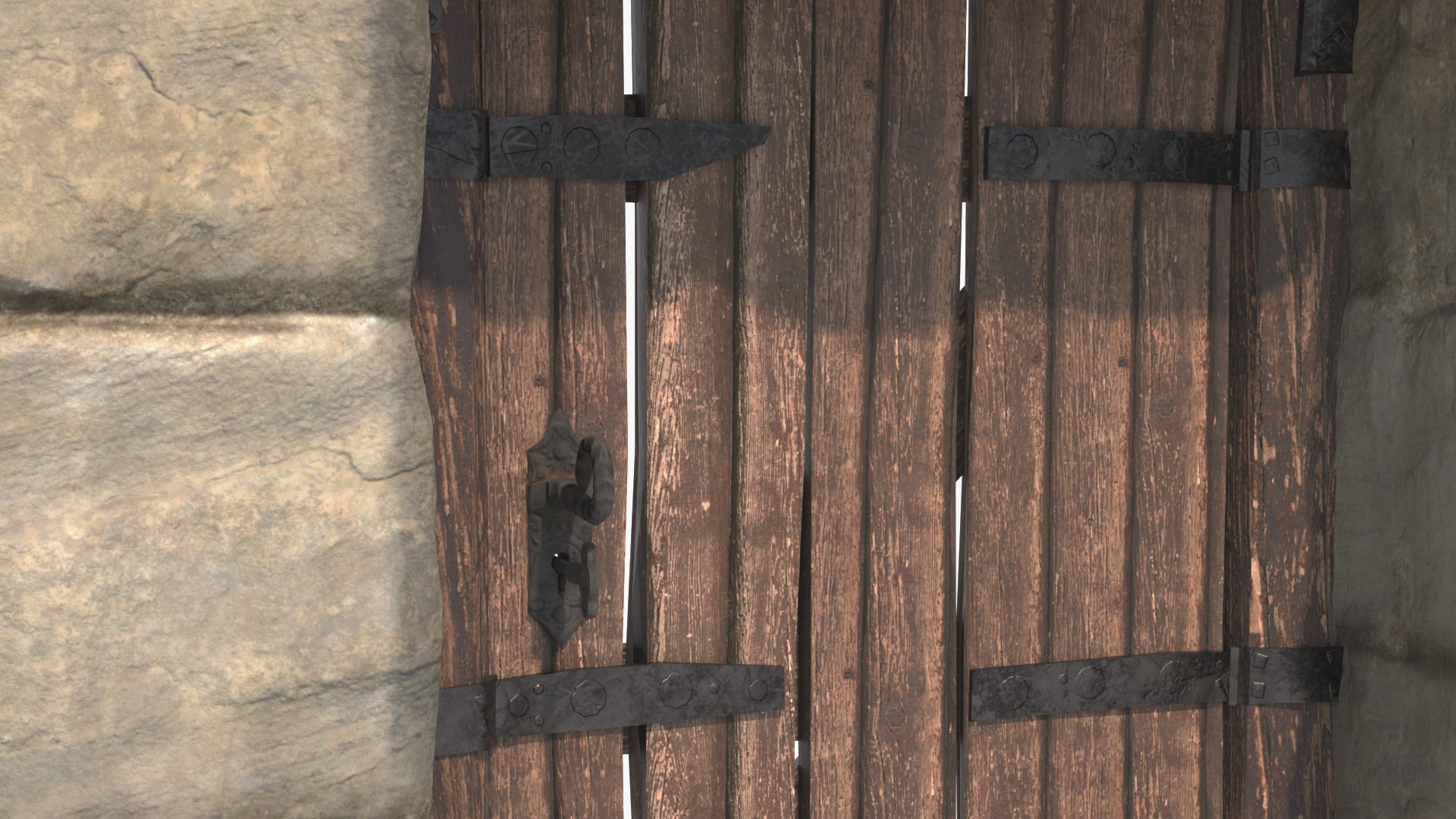 3D model of a medieval style stone arch door. The model is very realistic, has PBR textures, which makes it perfect for real-time viewers and videogames, and it has a very high level of detail. It has iron hinges, a twisted spiral handle with a lock and a key, and sliding locks at the back.