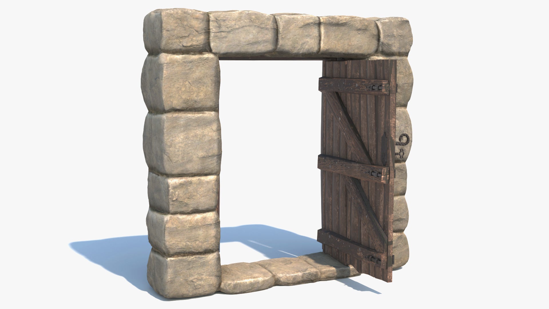 3D model of a medieval style stone arch door. The model is very realistic, has PBR textures, which makes it perfect for real-time viewers and videogames, and it has a very high level of detail. It has iron hinges, a twisted spiral handle with a lock and a key, and sliding locks at the back.