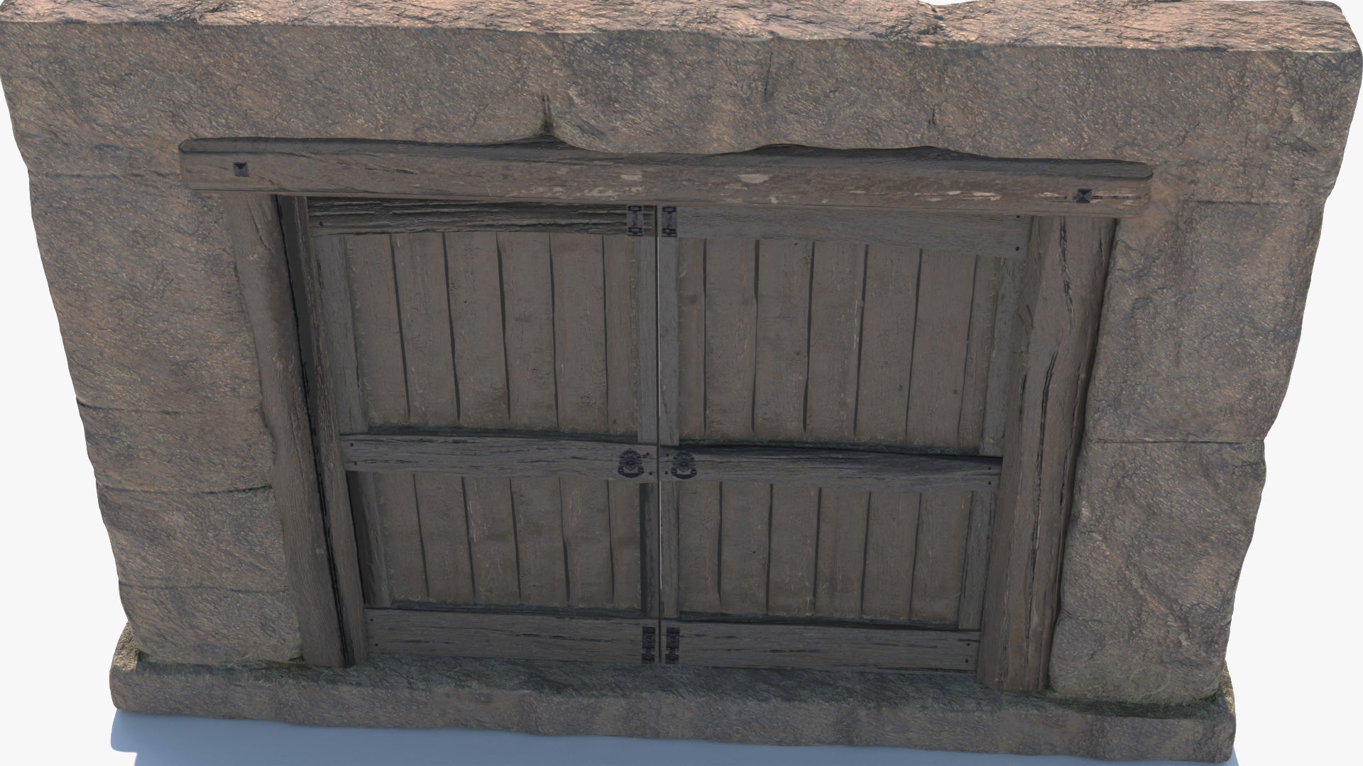 3D model of a medieval style stone arch double door. The model is very realistic, has PBR textures, which makes it perfect for real-time viewers and videogames, and it has a very high level of detail. It has iron hinges, a handle with a lock, and sliding locks at the top and at the bottom.