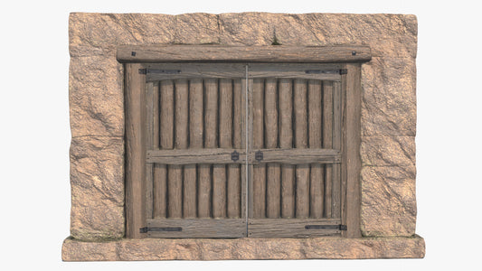 3D model of a medieval style stone arch double door. The model is very realistic, has PBR textures, which makes it perfect for real-time viewers and videogames, and it has a very high level of detail. It has iron hinges, a handle with a lock, and sliding locks at the top and at the bottom.