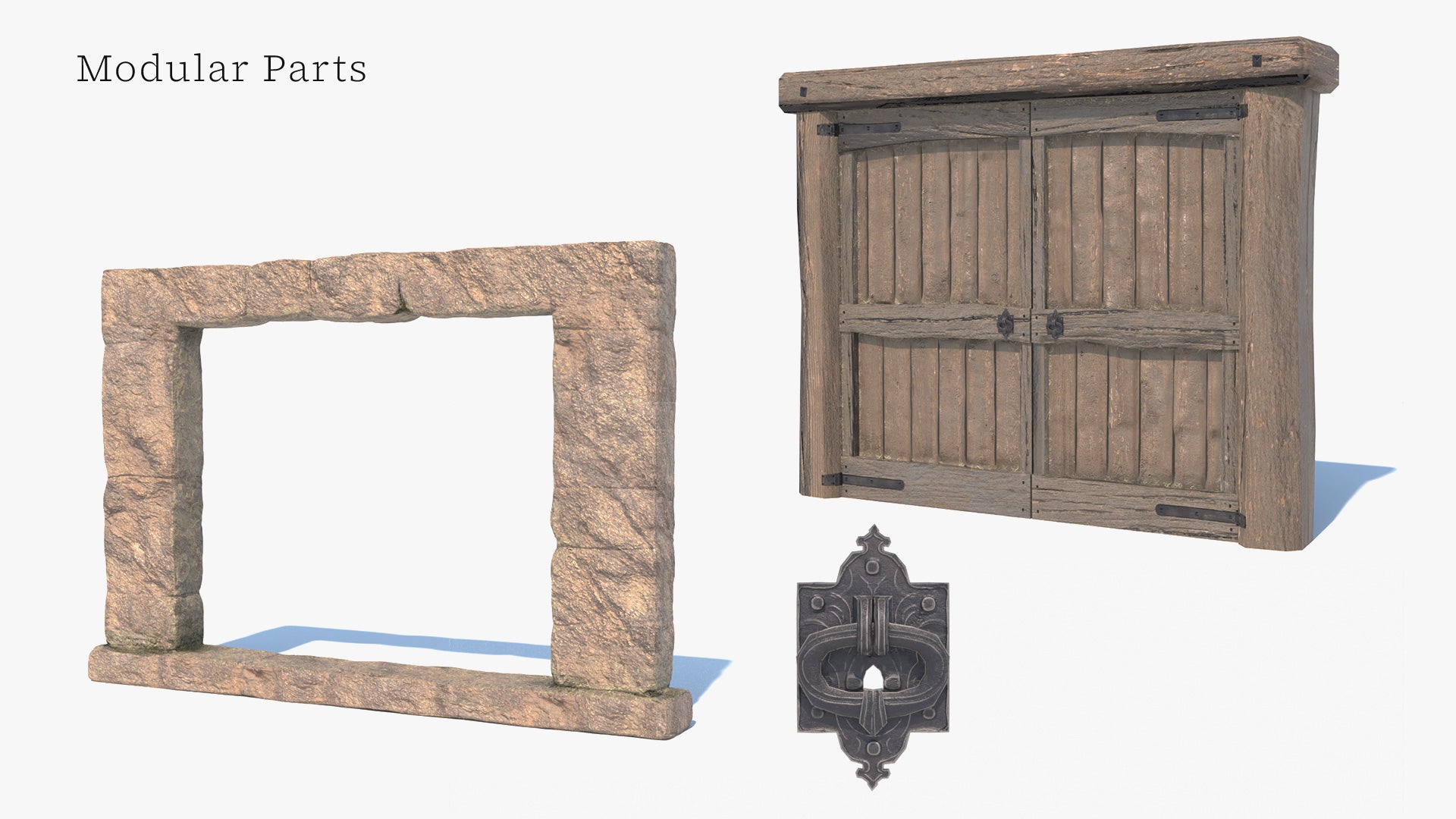 3D model of a medieval style stone arch double door. The model is very realistic, has PBR textures, which makes it perfect for real-time viewers and videogames, and it has a very high level of detail. It has iron hinges, a handle with a lock, and sliding locks at the top and at the bottom.