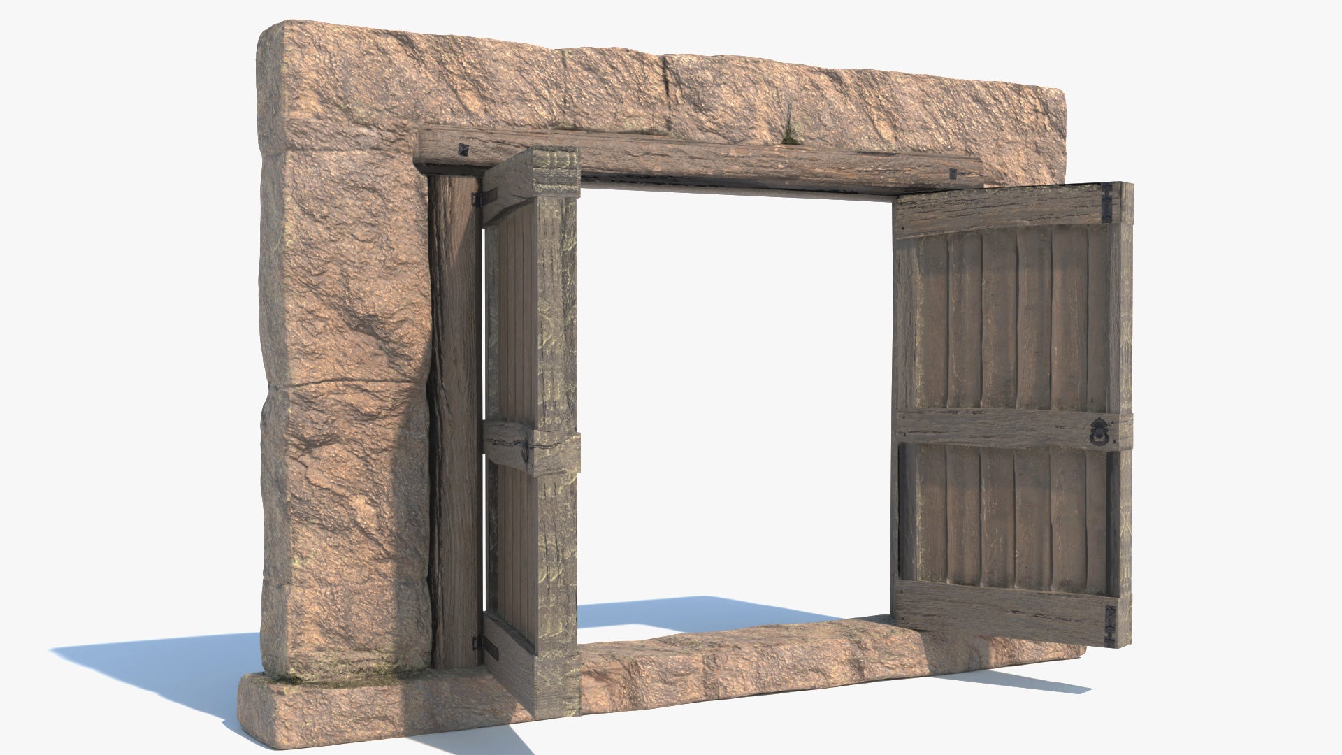 3D model of a medieval style stone arch double door. The model is very realistic, has PBR textures, which makes it perfect for real-time viewers and videogames, and it has a very high level of detail. It has iron hinges, a handle with a lock, and sliding locks at the top and at the bottom.