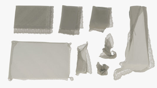3D model of nine table cloths in various poses, shaded in silk with a border of lace