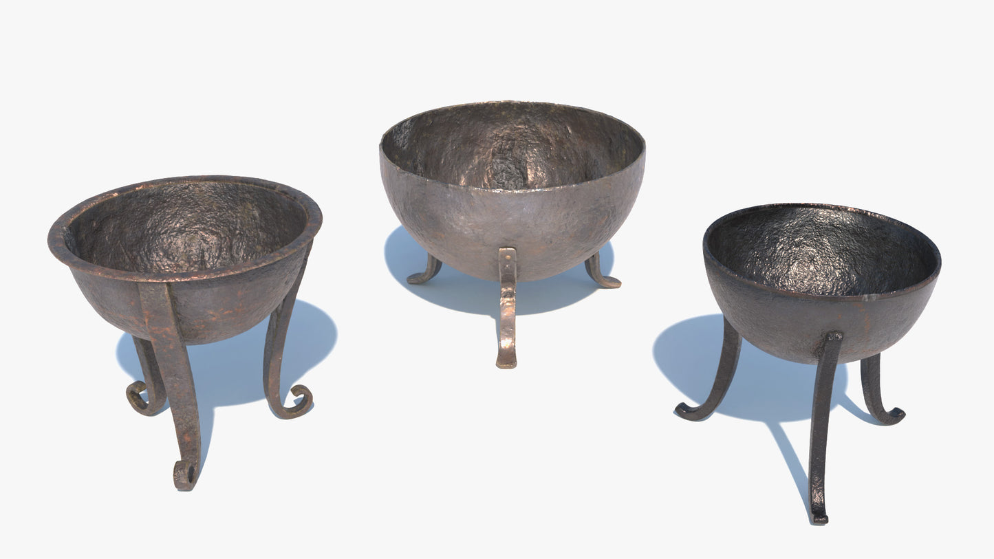 Three metallic medieval braziers with feet on a white background. Game ready 3D model with low poly count and PBR materials