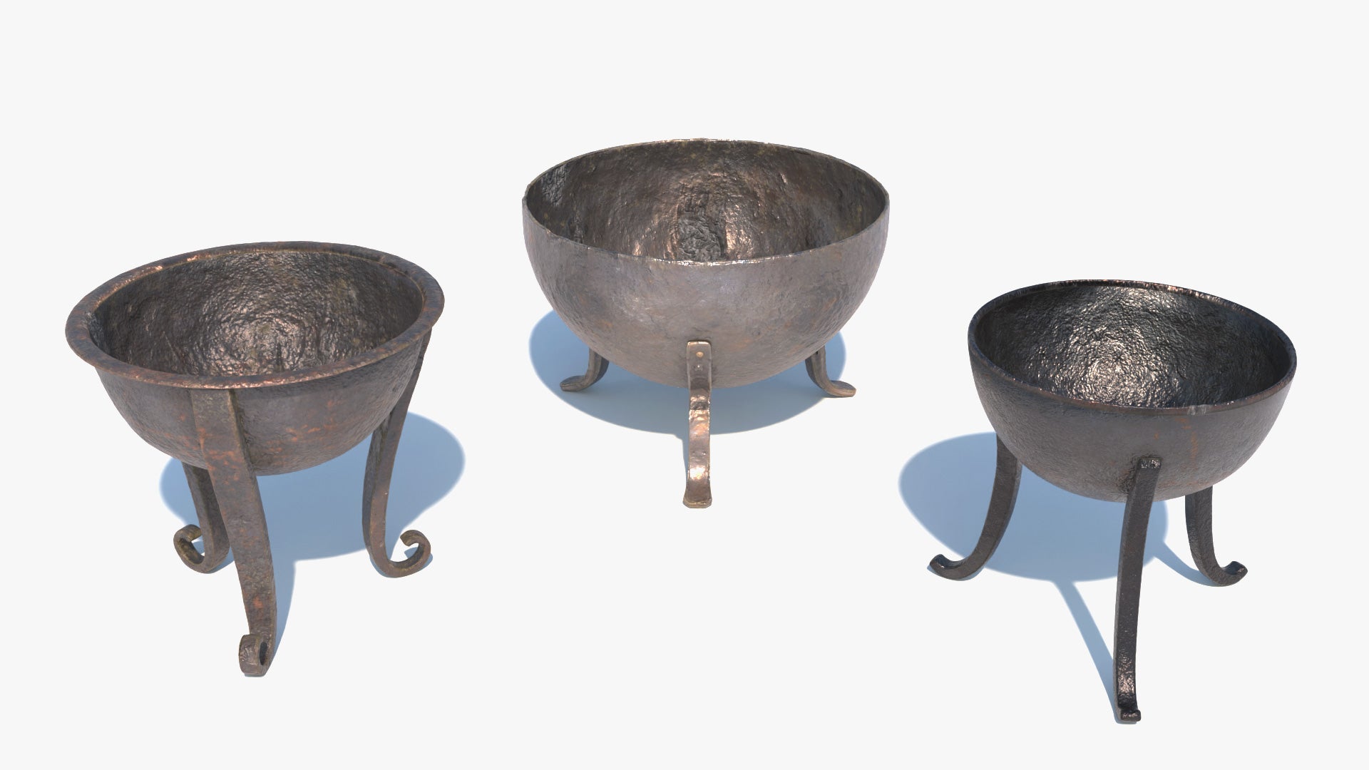 Three metallic medieval braziers with feet on a white background. Game ready 3D model with low poly count and PBR materials