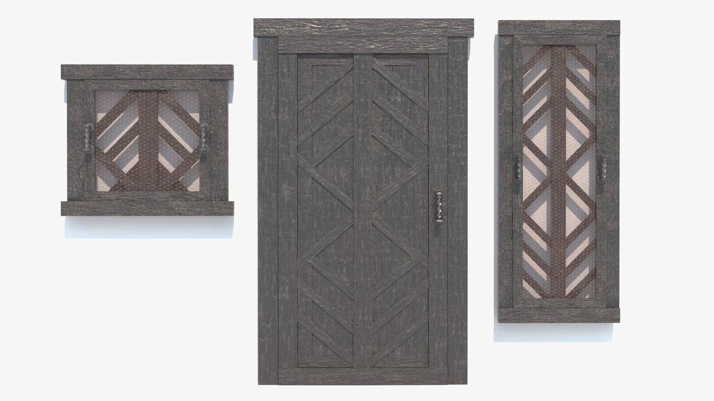 Medieval fantasy door and windows, 3D model, game asset, lowpoly