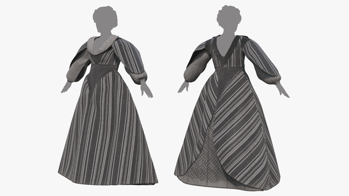 3D model of a medieval-fantasy dress, whale inspired design, rough materials and black colors, with low poly count and PBR textures, for Blender, OBJ, FBX and GBL