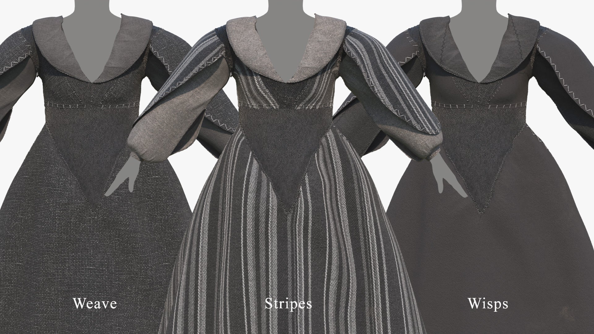 3D model of a medieval-fantasy dress, whale inspired design, rough materials and black colors, with low poly count and PBR textures, for Blender, OBJ, FBX and GBL