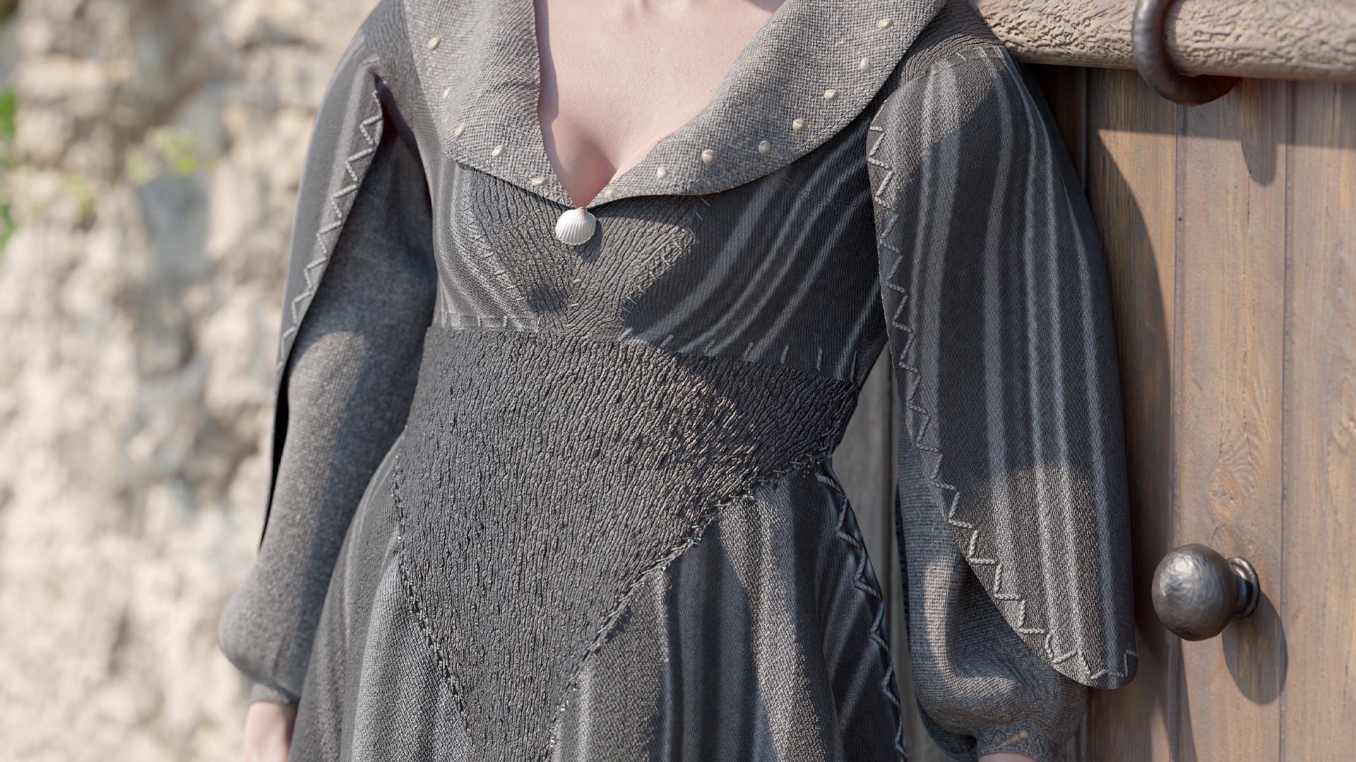 3D model of a medieval-fantasy dress, whale inspired design, rough materials and black colors, with low poly count and PBR textures, for Blender