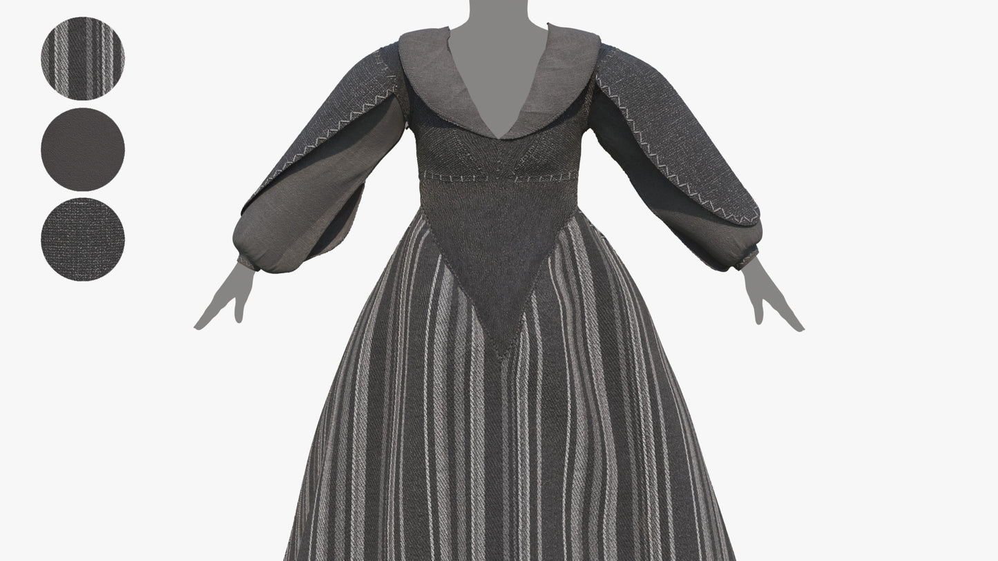 3D model of a medieval-fantasy dress, whale inspired design, rough materials and black colors, with low poly count and PBR textures, for Blender, FBX and GBL