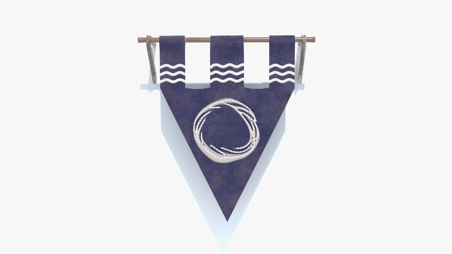 Navy blue and white striped medieval banner with circular design on a white background. Game ready 3D model with low poly count and PBR materials