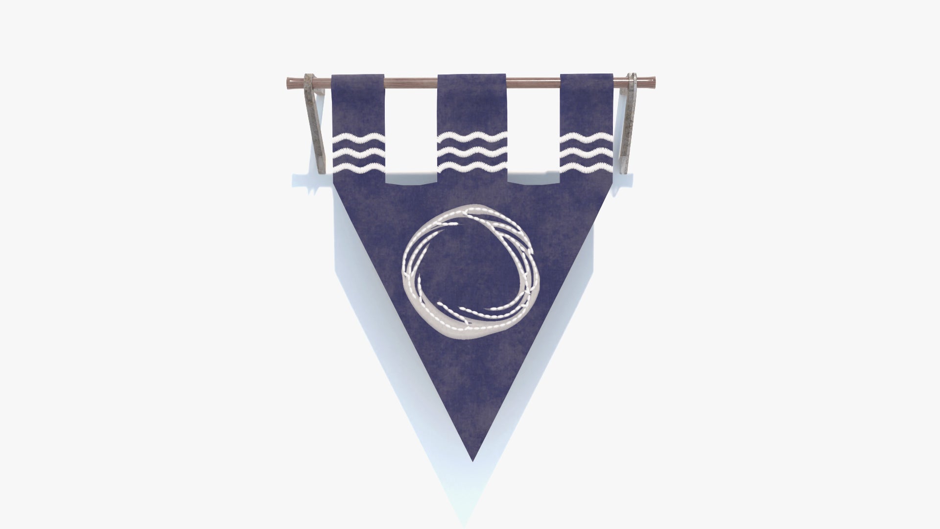 Navy blue and white striped medieval banner with circular design on a white background. Game ready 3D model with low poly count and PBR materials