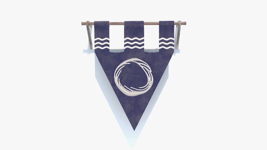 Navy blue and white striped medieval banner with circular design on a white background. Game ready 3D model with low poly count and PBR materials