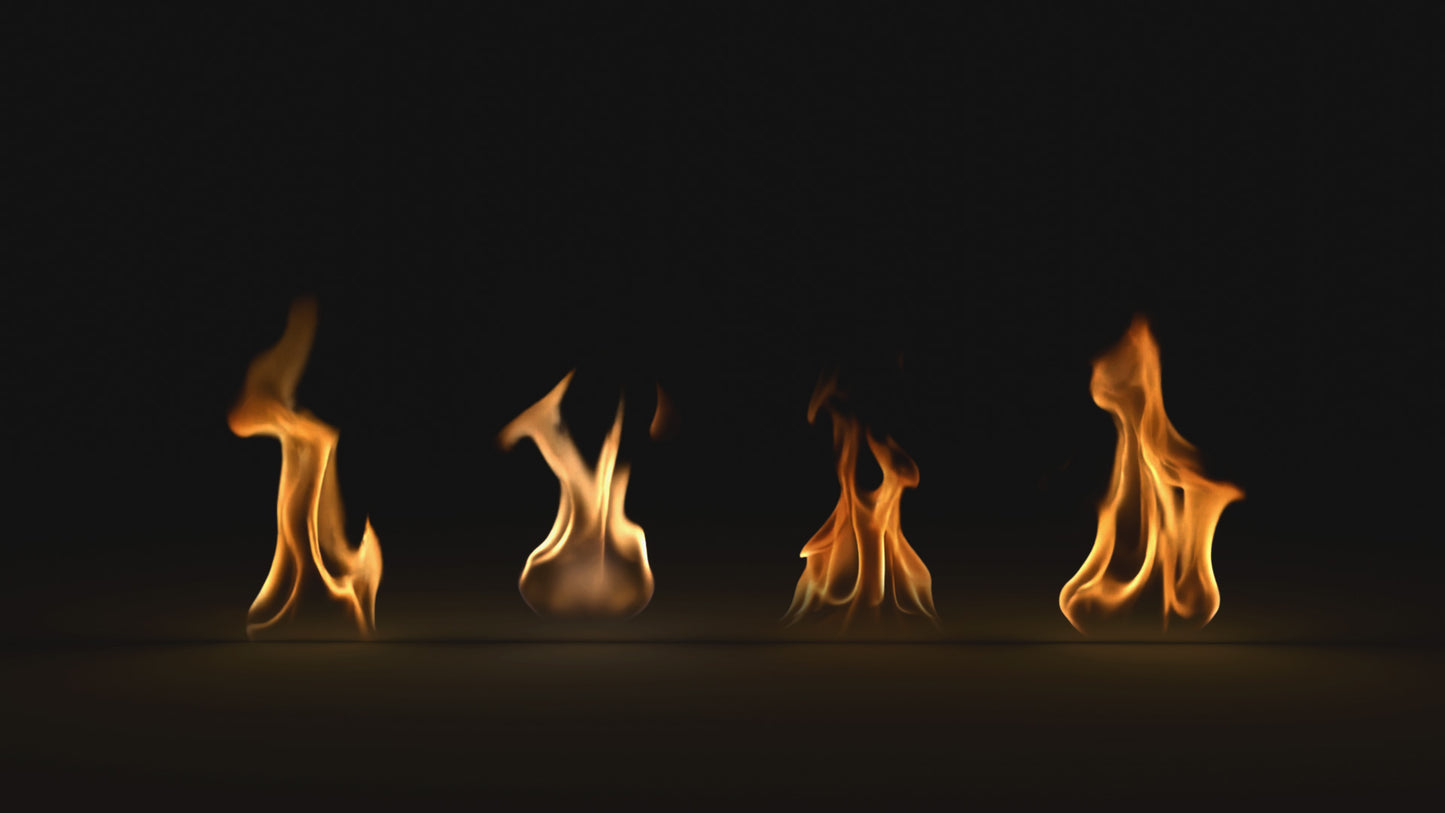 Four flames of different intensities on a black background. 3D animated plane of animated realistic flames for a torch or a fireplace