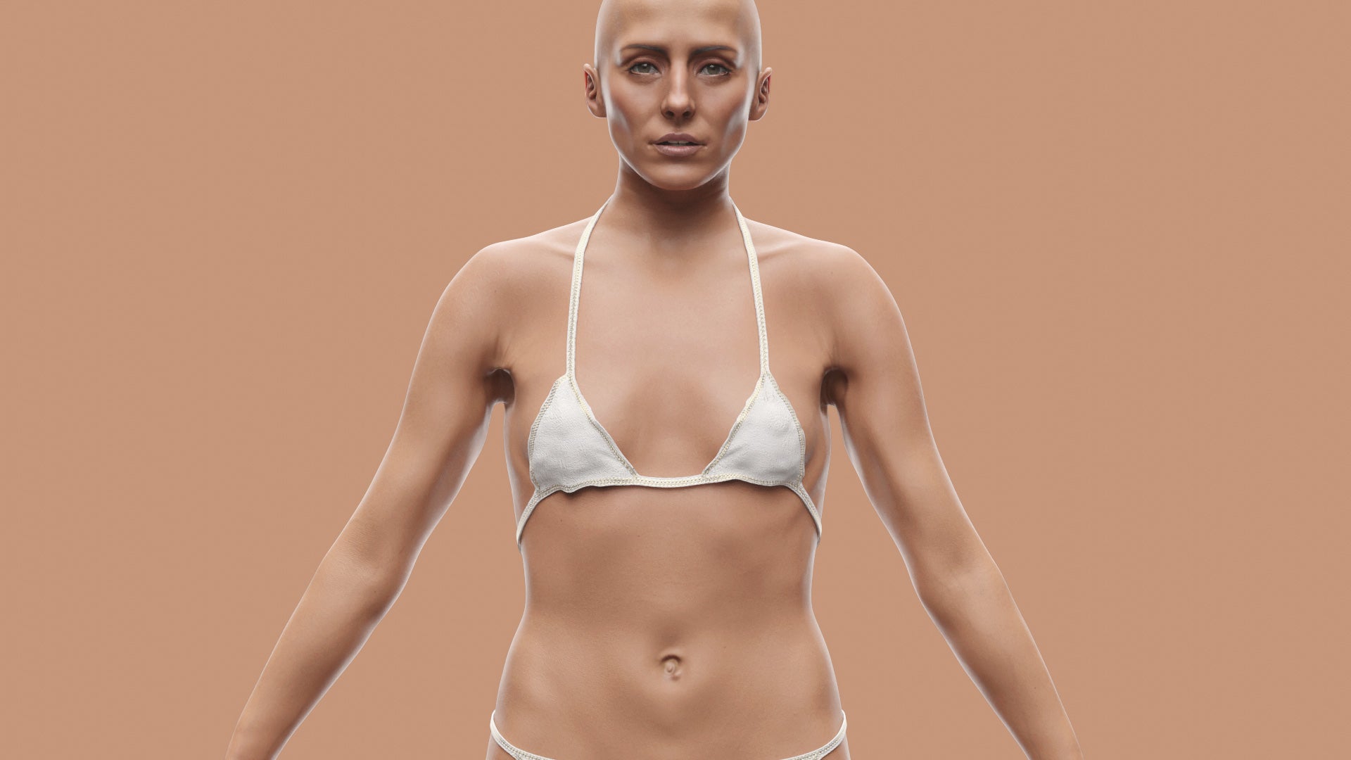 3d model of a beautiful athletic young woman with tan skin and hazel eyes, standing in an A pose. The 3D model is lowpoly with PBR materials, perfect for realtime and videogames