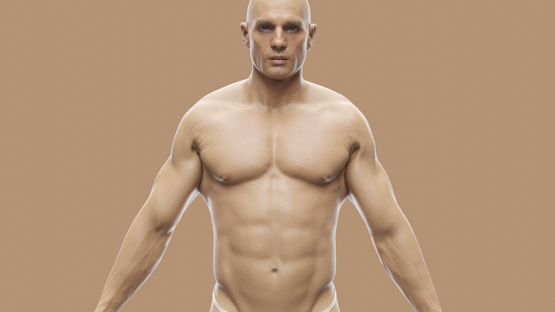 3d model of a handsome athletic young man with tan skin and blue eyes, standing in an A pose. The 3D model is lowpoly with PBR materials, perfect for realtime and videogames