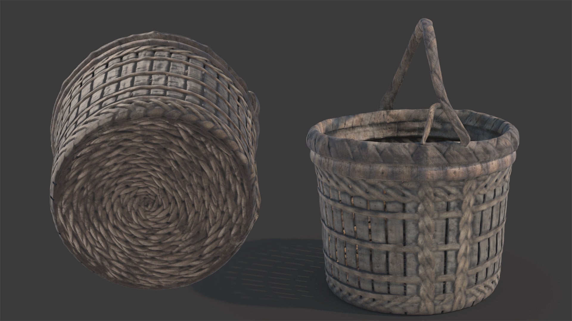 3D model of a rustic, handmade, cylindrical wicker basket with a uneven handle. The views are from the bottom and the side. The model has a small poly count and PBR materials