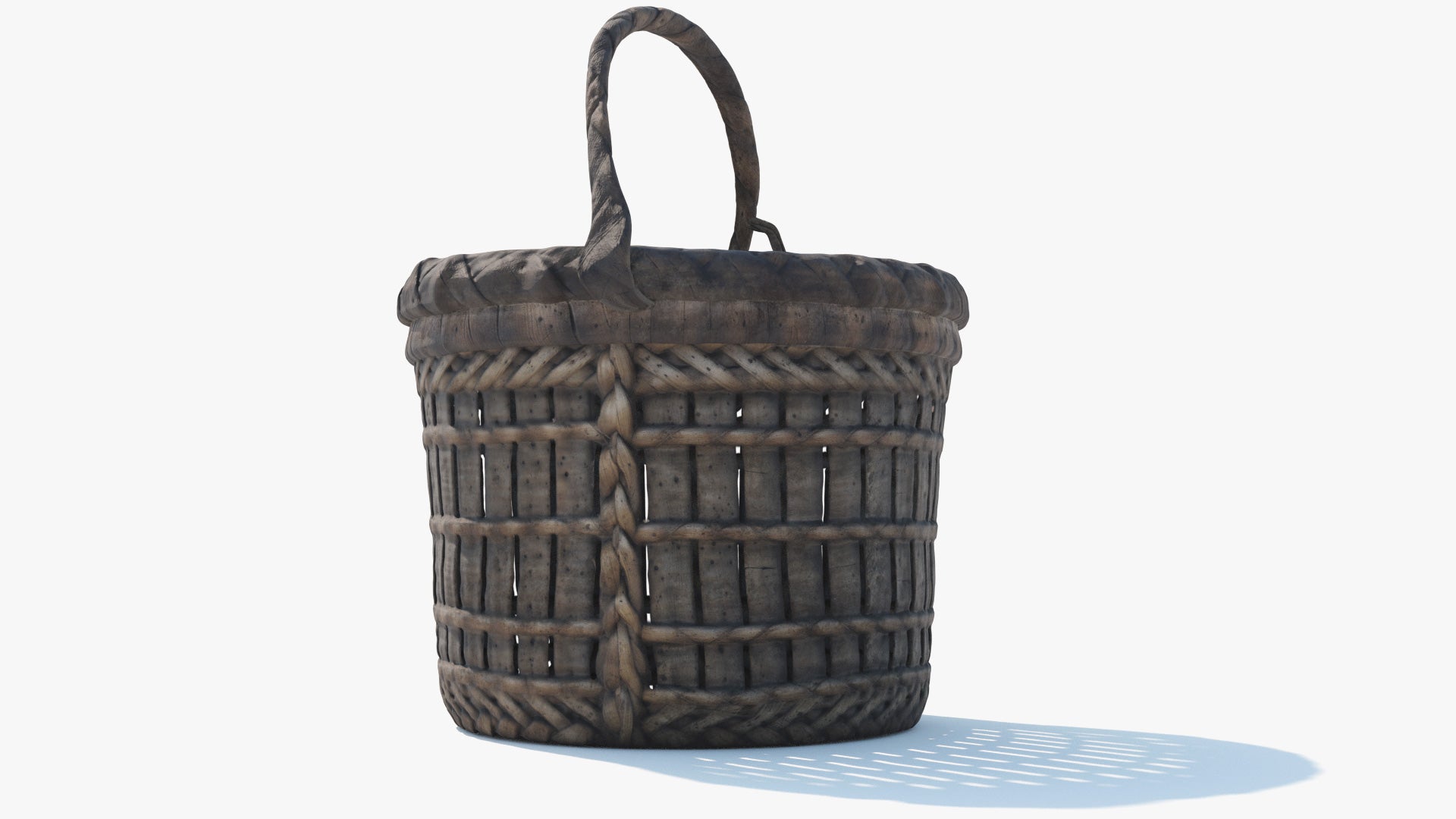 Side view of a 3D model of a rustic, handmade, cylindrical wicker basket with a uneven handle. The model has a small poly count and PBR materials