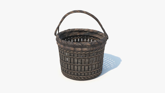 3D model of a rustic, handmade, cylindrical wicker basket with a uneven handle. The model has a small poly count and PBR materials