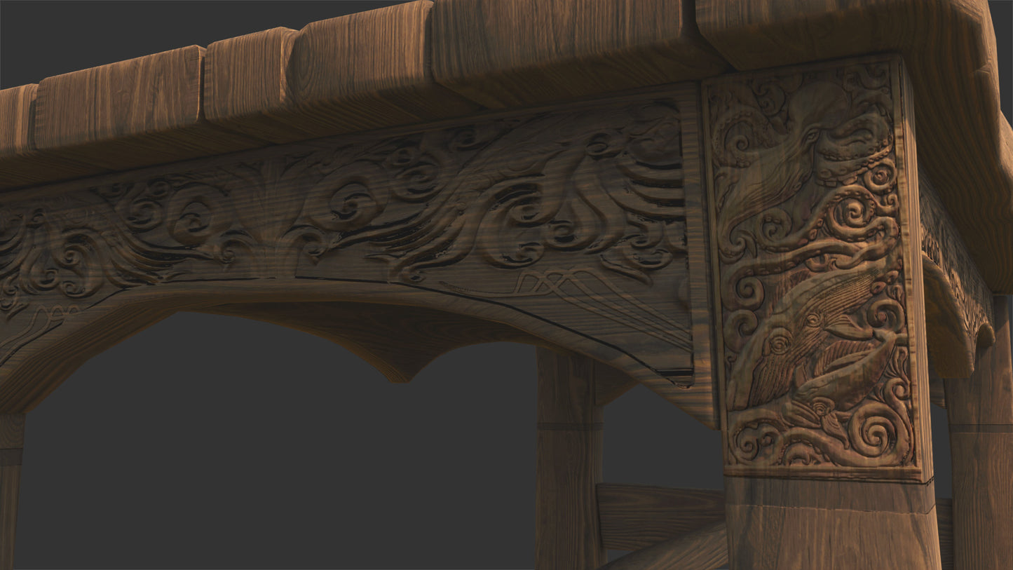 Closeup carvings of a wood table, with motifs of whales and giant octopus. the wood is very rough and rustic.