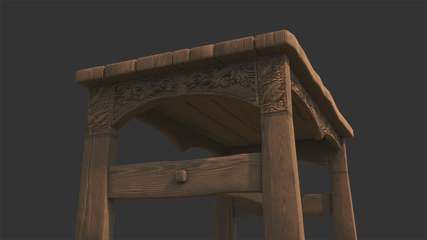 3d model of a table made of wood boards, with the legs and the front panel carved with motifs of sea monsters (whales and giant octopus). The model is lowpoly and PBR