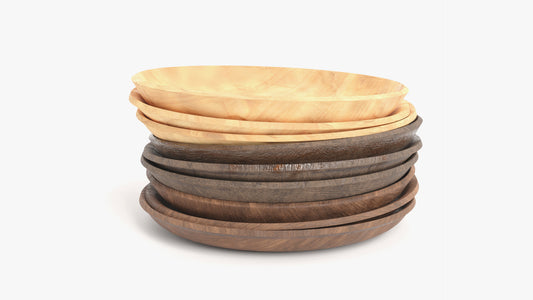 3D model of nine wooden plates stacked, made of three different woods: Old, Rough and New. They have low polycount and PBR textures, and look extremely realistic