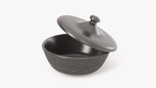 A 3D model of a wooden pot made of dark, polished wood. It has a matching lid, and modern carvings on the side that make the design very beautiful. The model has low polycount and PBR materials