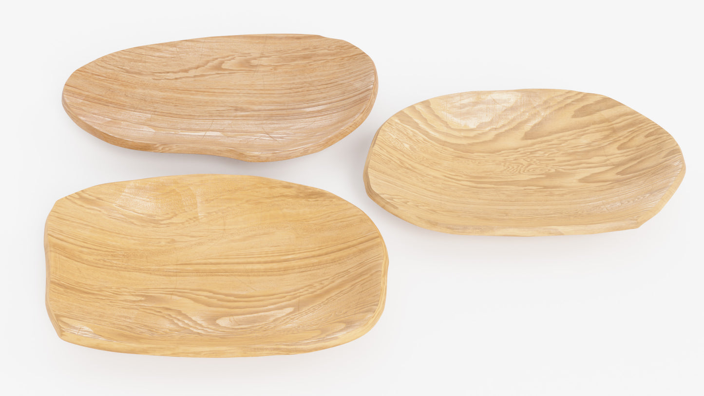 3D model of three asymmetrical plates that seem to be hand-carved, seen from above. The models have low polycount, and PBR materials, so they look very realistic