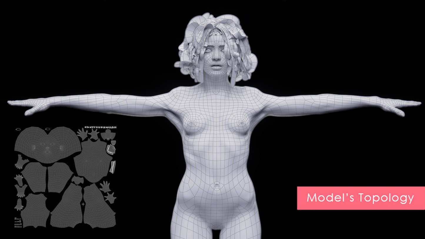 3D character videogame ready clean mesh, low-poly with mesh hair