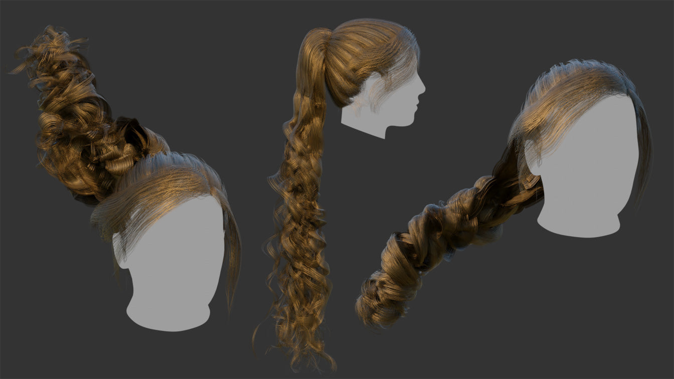 Curly long ponytail hair mesh 3d model blender OBJ rigged