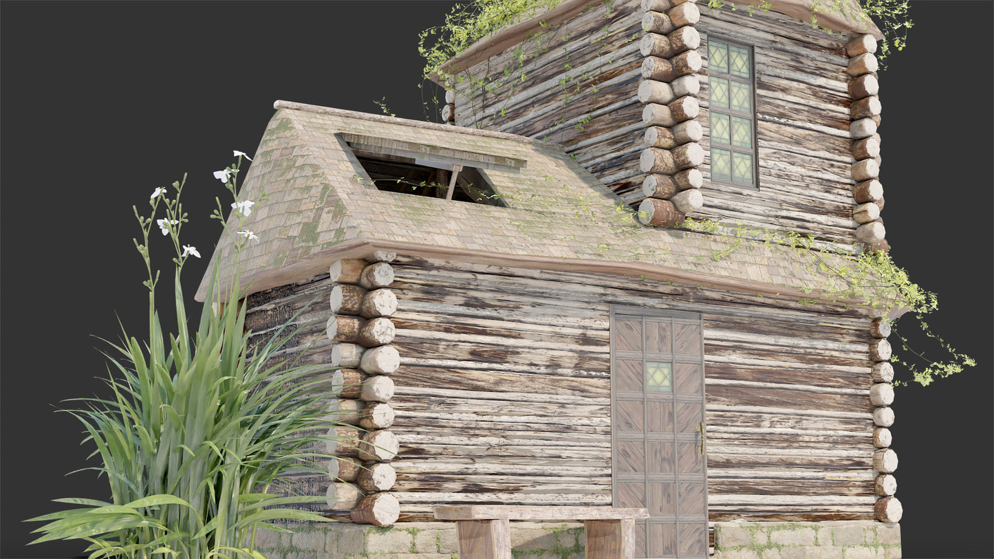 Medieval house wood cabin 3d model Blender OBJ with PBR textures and low-poly