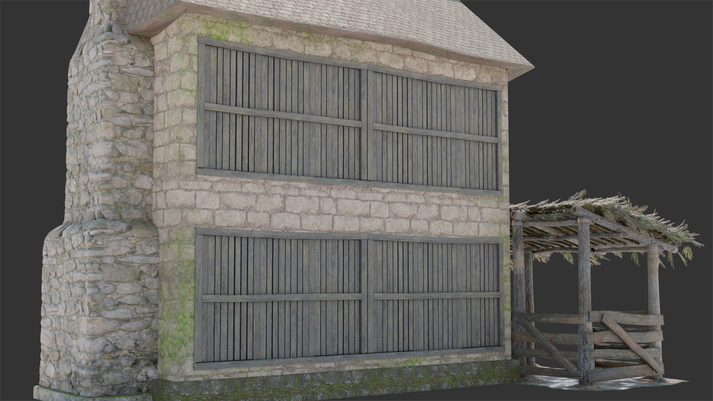 Medieval rustic house with galician style horreo doors & windows 3d model for Blender and OBJ with PBR textures