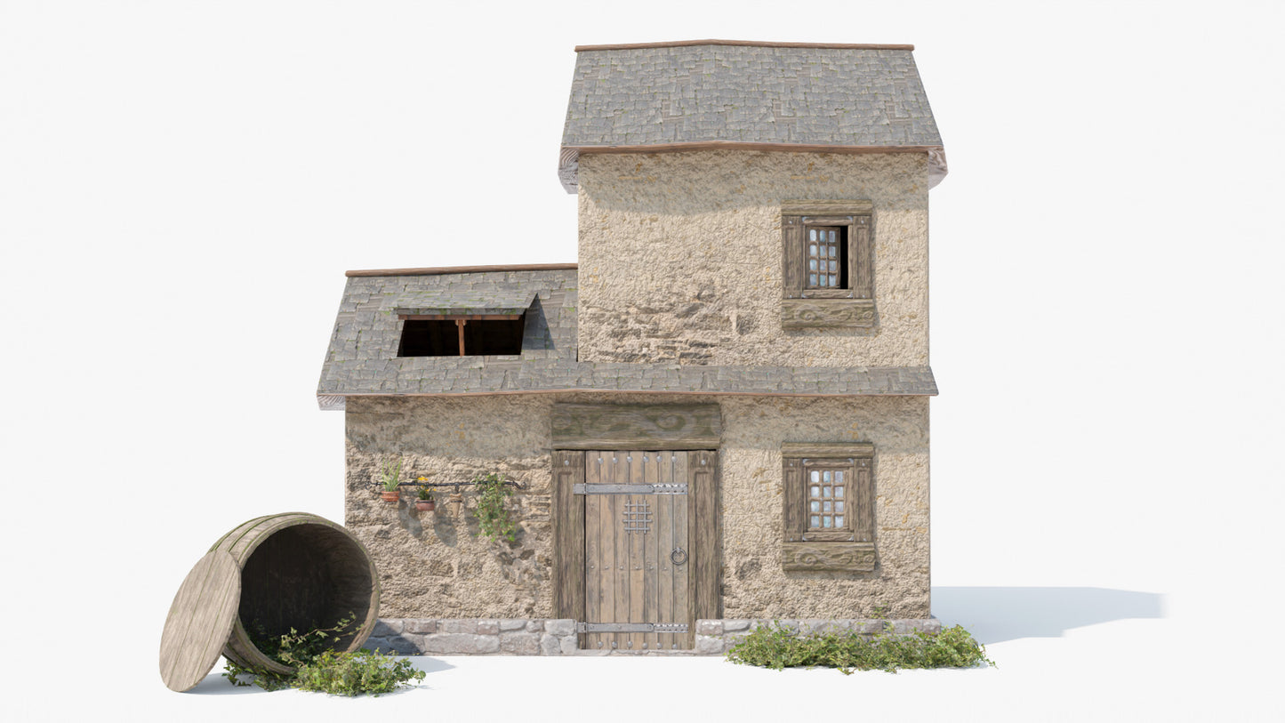 Medieval house 3D model Blender OBJ with PBR textures and low polycount cottage stone